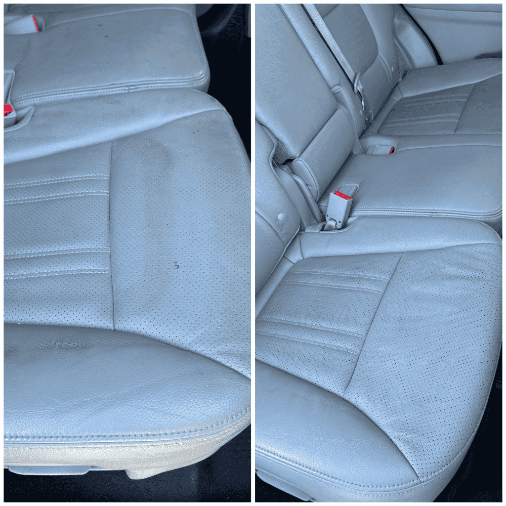 Comparison of dirty light-colored car seats on left versus professionally restored clean seats on right